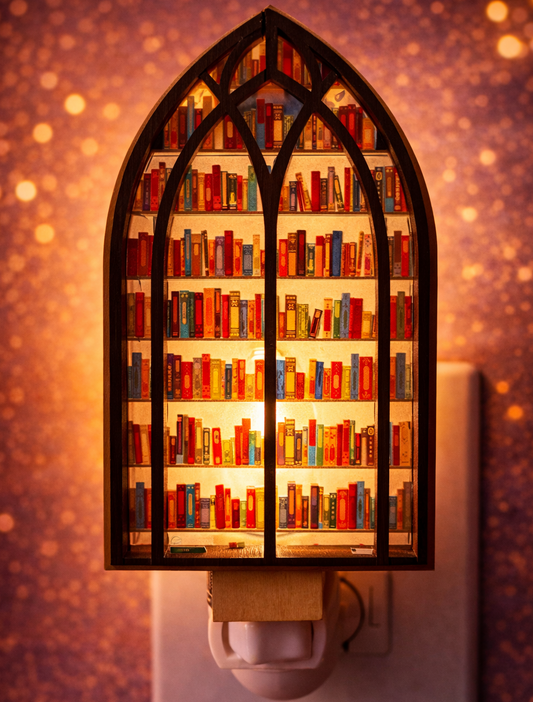 Led nightlight, book nook cathedral night light, library-inspired stained glass, cozy reading decor