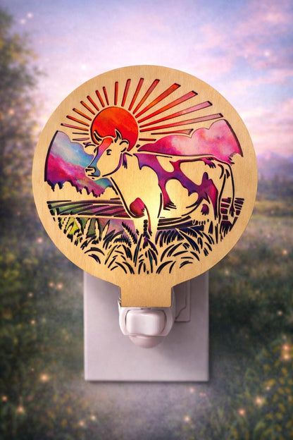 Led Nightlight, Farm Cow Sunset Pasture Scene, Nursery Decor, Country Home Accent