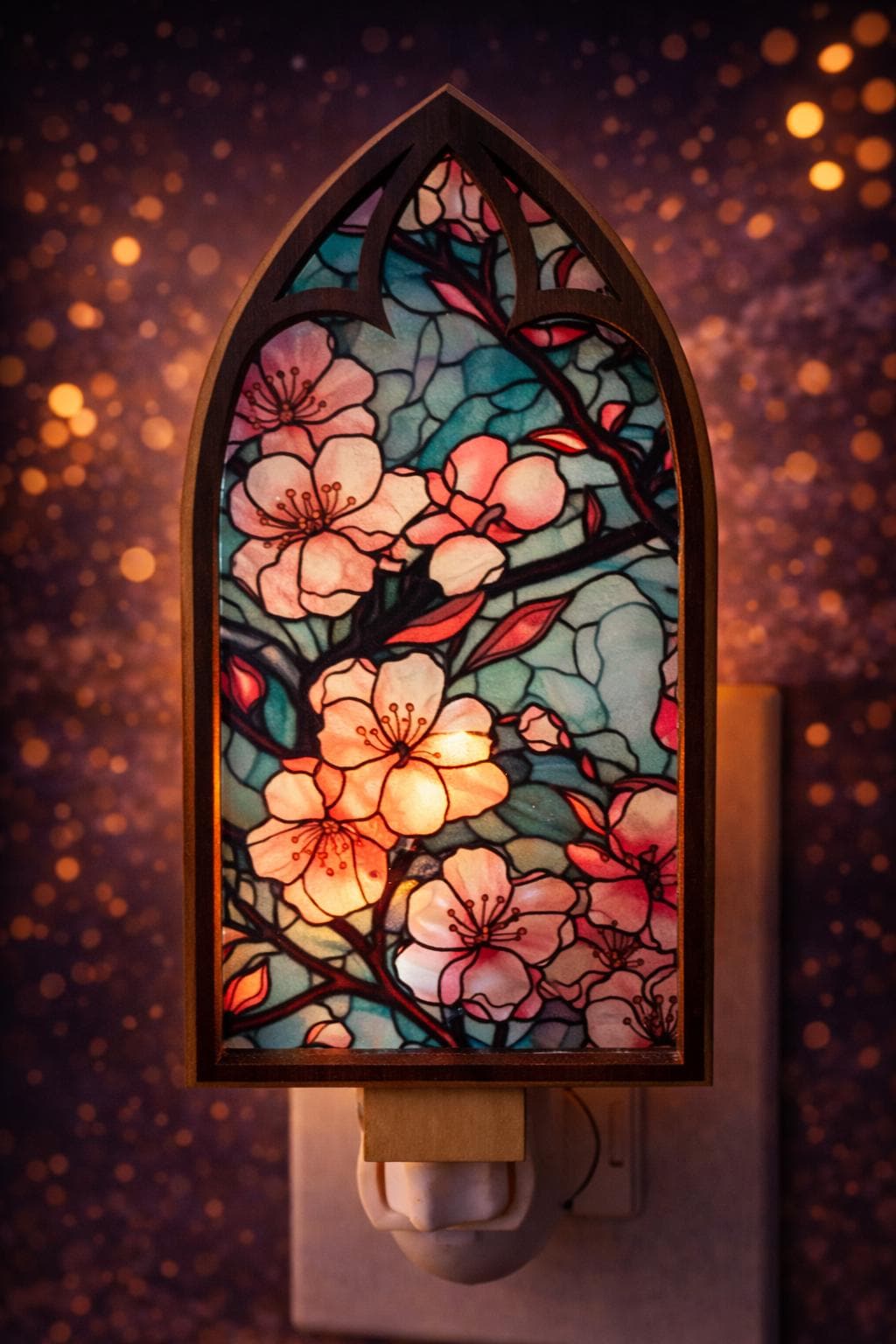 Led Nightlight, Cherry Blossom Cathedral, Stained Glass Floral, Japanese Sakura Decor, Cozy Nursery Bedroom