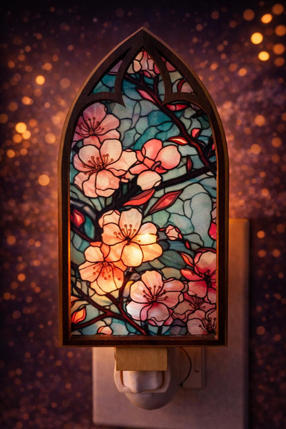 Led Nightlight, Cherry Blossom Cathedral, Stained Glass Floral, Japanese Sakura Decor, Cozy Nursery Bedroom