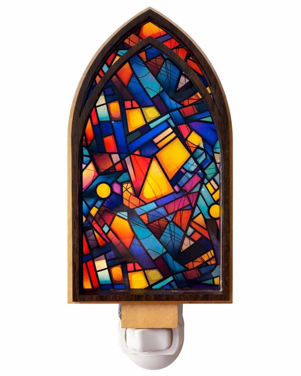 Abstract Cathedral Night Light, Geometric Stained Glass, Wooden Silhouette