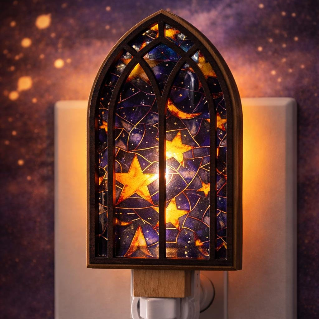 Led nightlight, celestial stained glass cathedral with stars and moon, galaxy, nursery bedroom lighting