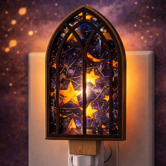 Led nightlight, celestial stained glass cathedral with stars and moon, galaxy, nursery bedroom lighting