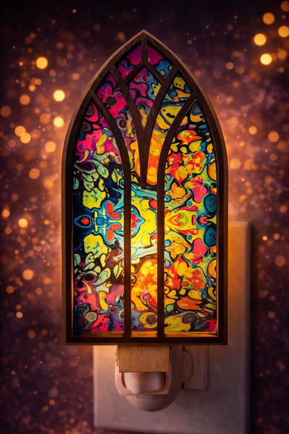 psychedelic cathedral nightlight with colorful stained glass art, wooden laser cut window, boho decor
