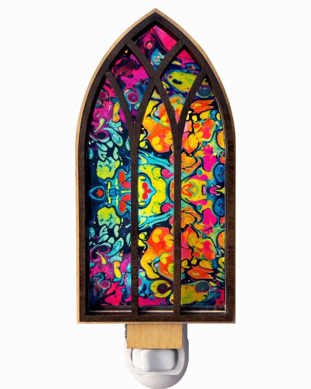 psychedelic cathedral nightlight with colorful stained glass art, wooden laser cut window, boho decor