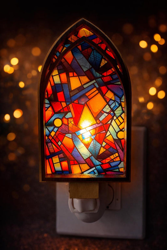 Abstract Cathedral Night Light, Geometric Stained Glass, Wooden Silhouette