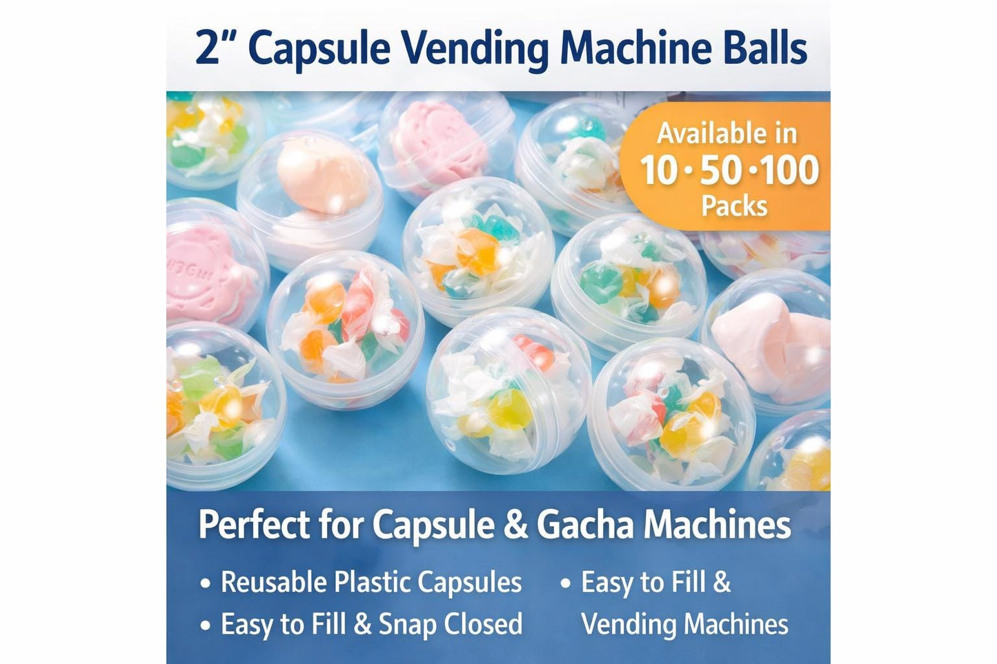 2" Vending Machine Capsules | Clear, Solid, Mixed Gacha Balls (10, 50, 100 Pack)