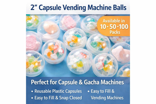 2" Vending Machine Capsules | Clear, Solid, Mixed Gacha Balls (10, 50, 100 Pack)