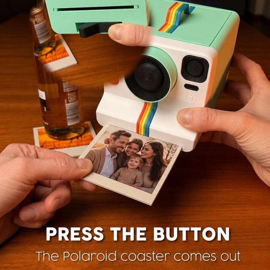 Custom Photo Polaroid Coasters with Camera Holder | Personalized UV Printed Coaster Set | Photo Gift for Family, Pets & Couples