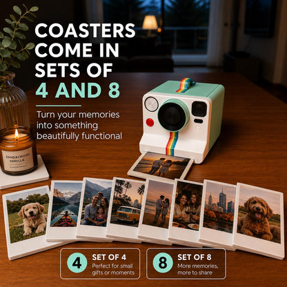Custom Photo Polaroid Coasters with Camera Holder | Personalized UV Printed Coaster Set | Photo Gift for Family, Pets & Couples