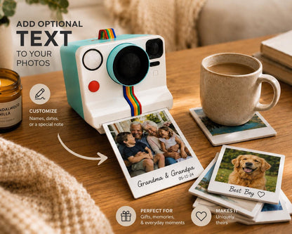 Custom Photo Polaroid Coasters with Camera Holder | Personalized UV Printed Coaster Set | Photo Gift for Family, Pets & Couples