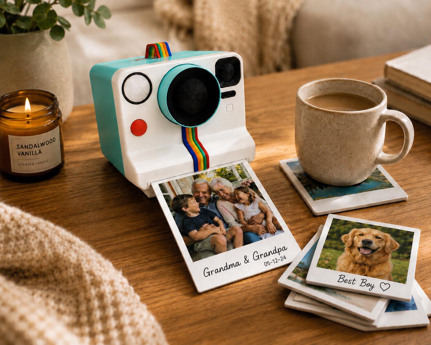 Custom Photo Polaroid Coasters with Camera Holder | Personalized UV Printed Coaster Set | Photo Gift for Family, Pets & Couples